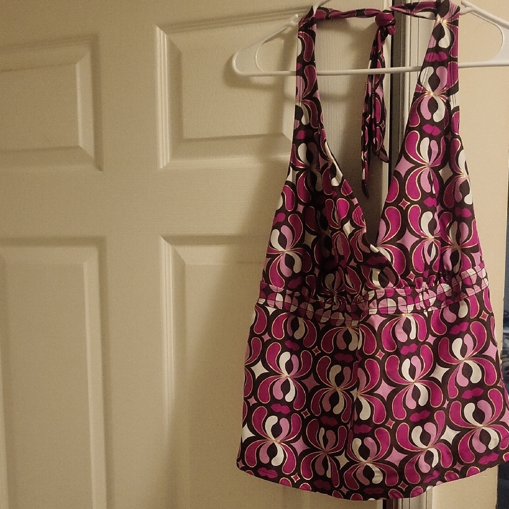 A Brown With White, Hot Pink, Light Pink, Gold Trim Two Piece Swim Suit.